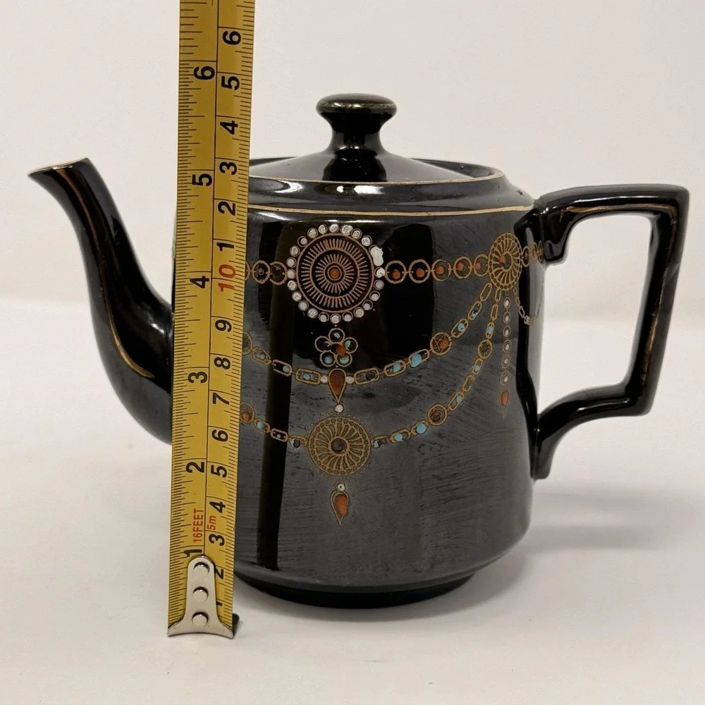 Vintage English Teapot Black Glaze Hand Painted‎ Made in England